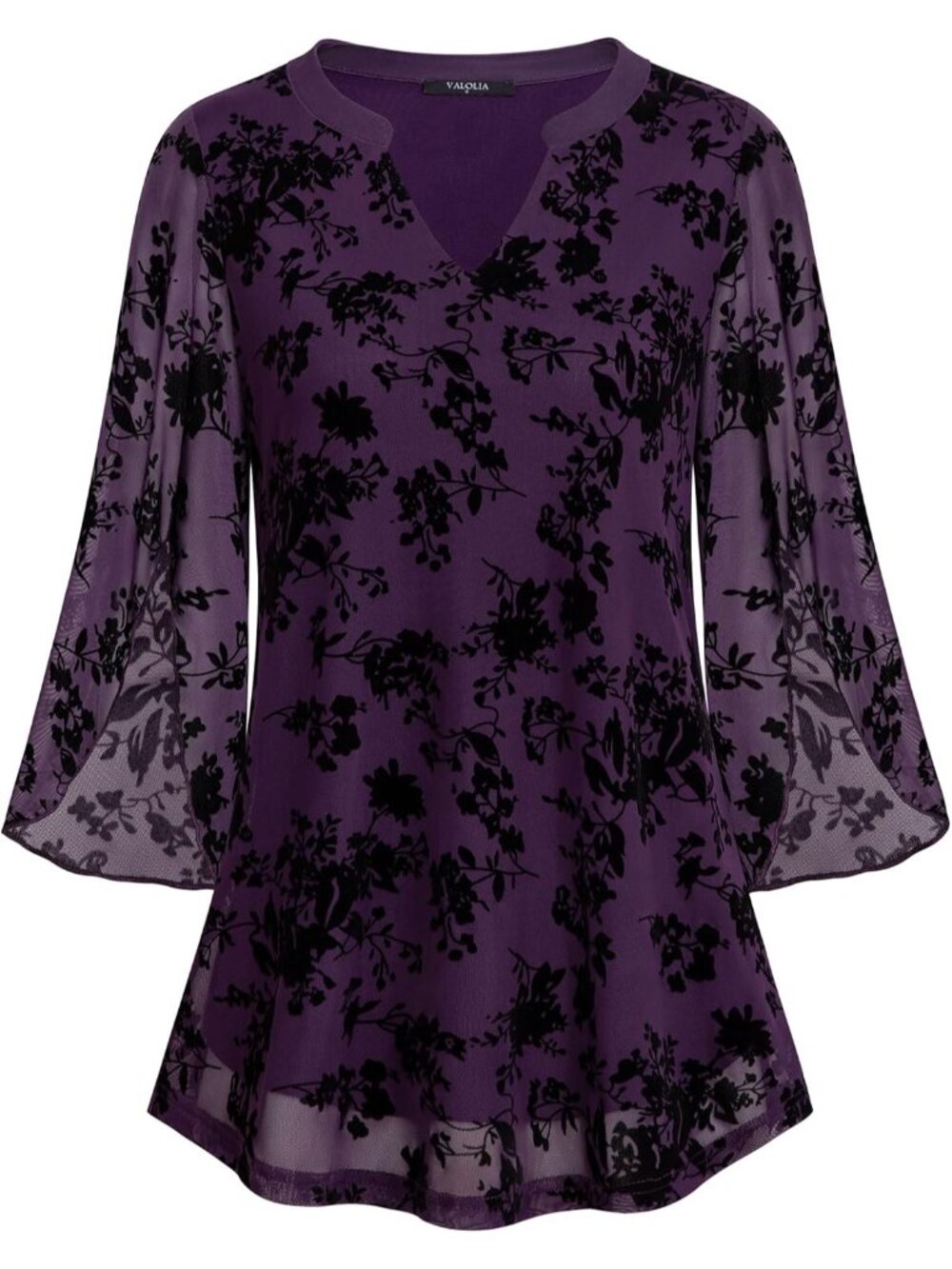 Valolia Women's Tops Violet 3/4 Sleeve Floral V Neck Double Layers Mesh Blouses